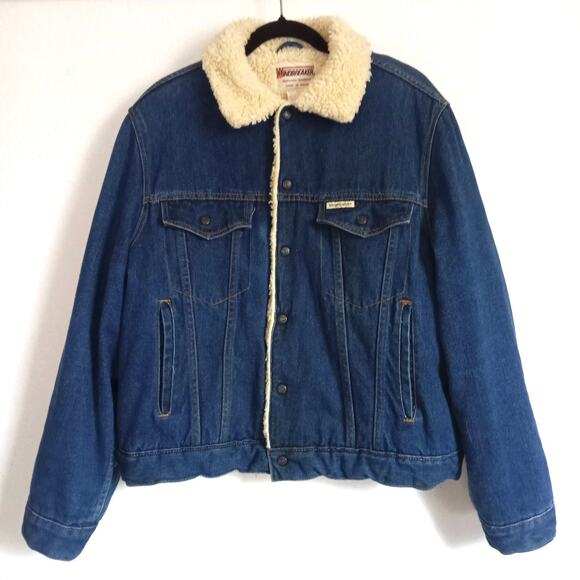 Vintage WINDBREAKER Sherpa Lined Trucker Jacket Blue Denim XL Snap Front Pockets - Picture 1 of 7